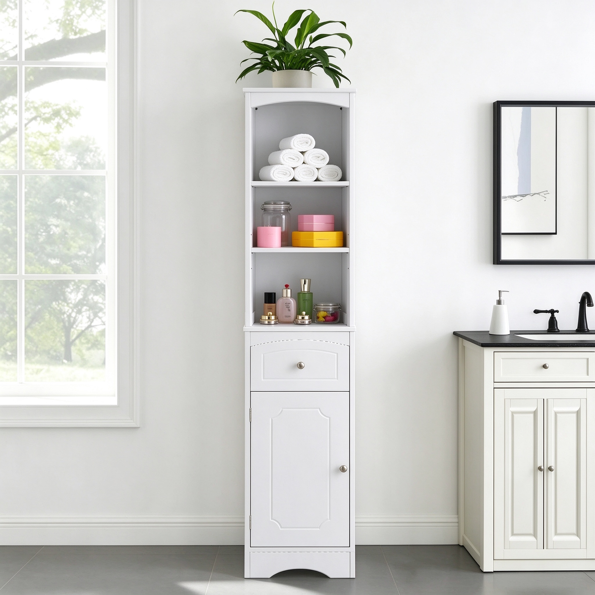 Wooden Freestanding Tall Bathroom Storage Linen Cabinet