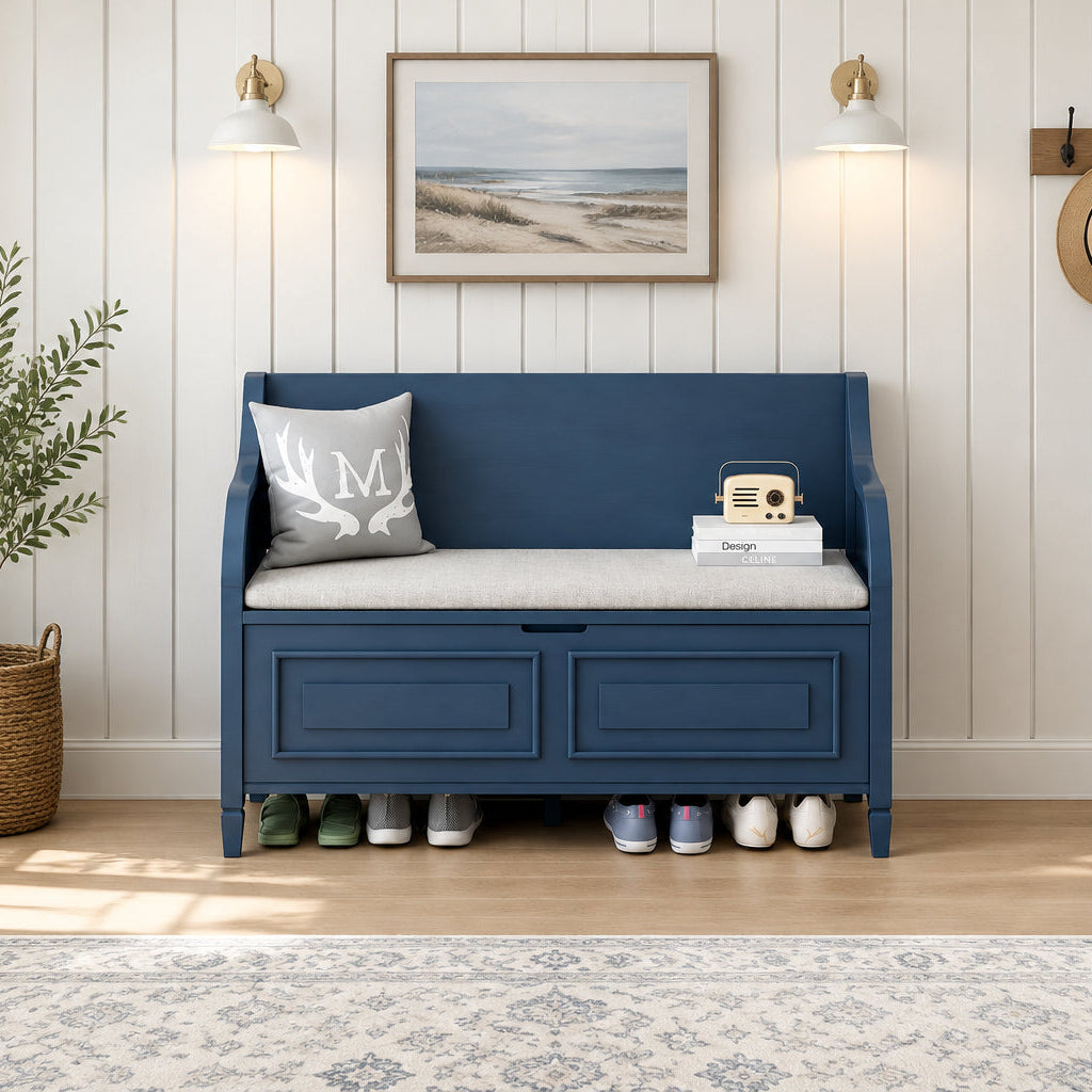 Rustic Style Solid wood Entryway Multifunctional Storage Bench with Safety Hinge