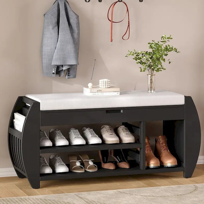 Multi Functional Storage Bench With Hidden Compartment And Open Shelf