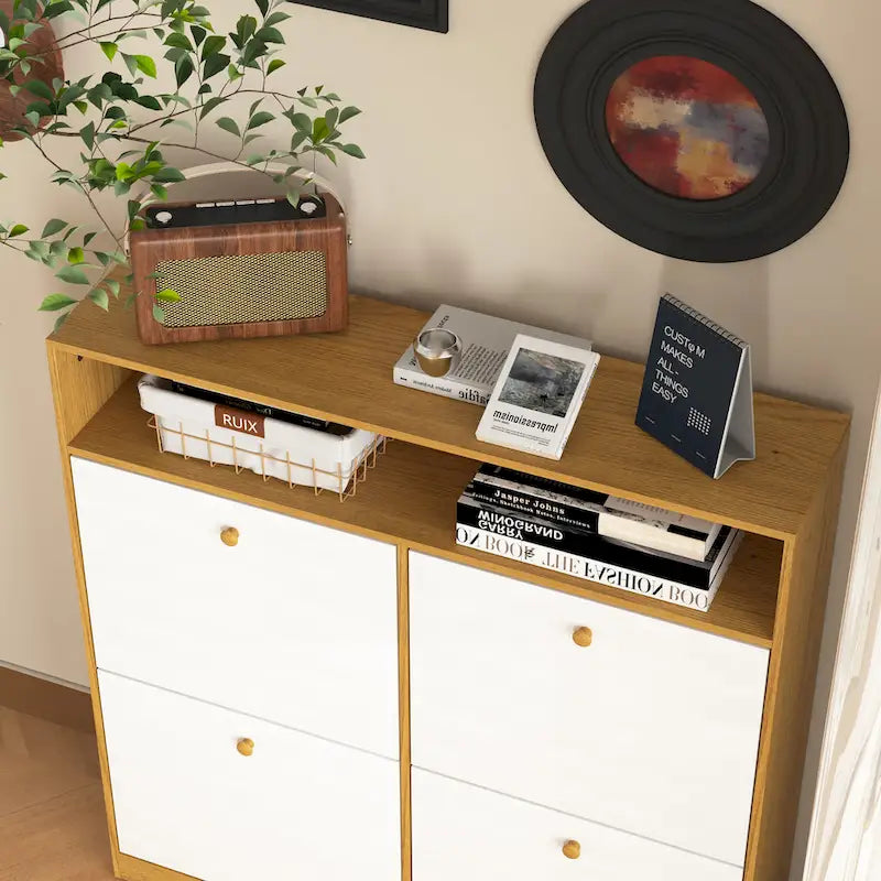 Shoe Storage Cabinet with 4 Drawers, Shoe Rack Organizer with Freestanding Shoe Cabinet with -tip