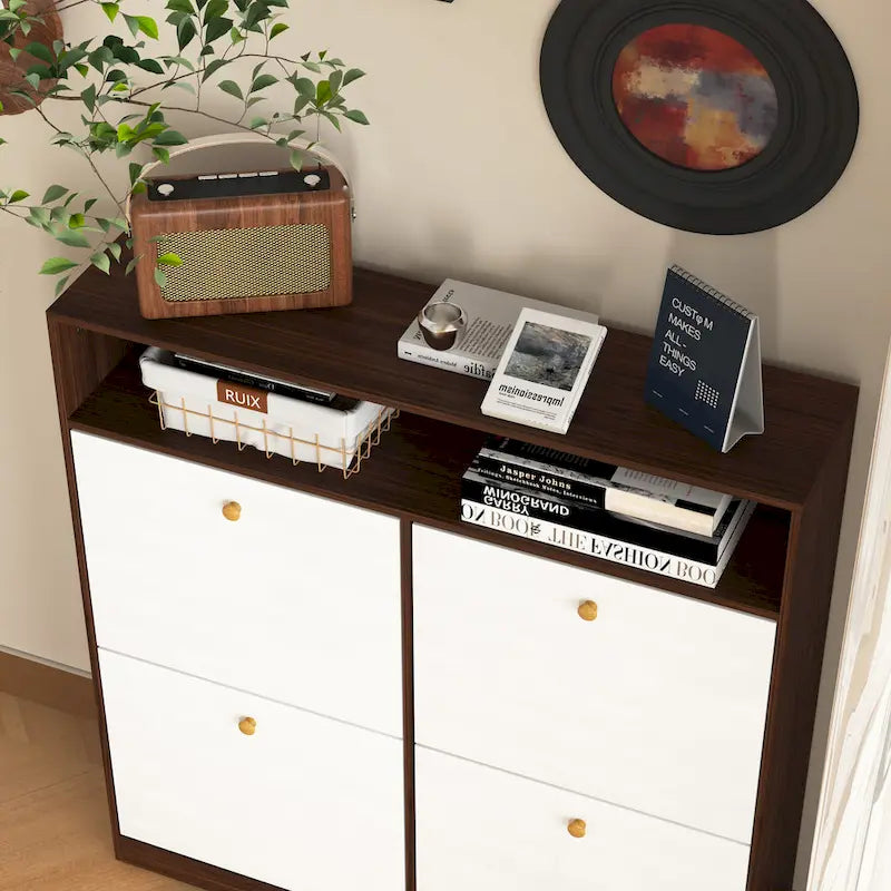 Shoe Storage Cabinet with 4 Drawers, Shoe Rack Organizer with Freestanding Shoe Cabinet with -tip