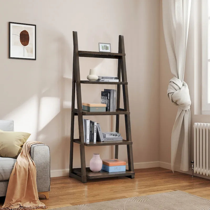 Multifunktionales Regal mit 5 Ebenen und Holzelementen, als Aufbewahrungsregal für Wohnzimmer und Büro