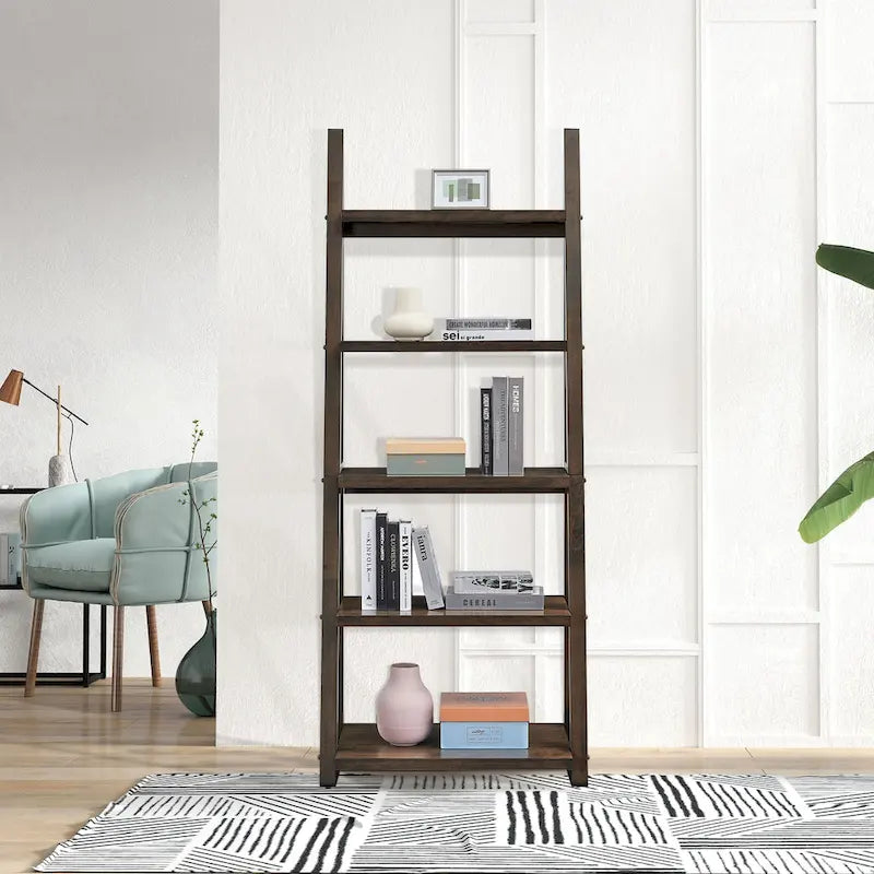 Multifunktionales Regal mit 5 Ebenen und Holzelementen, als Aufbewahrungsregal für Wohnzimmer und Büro