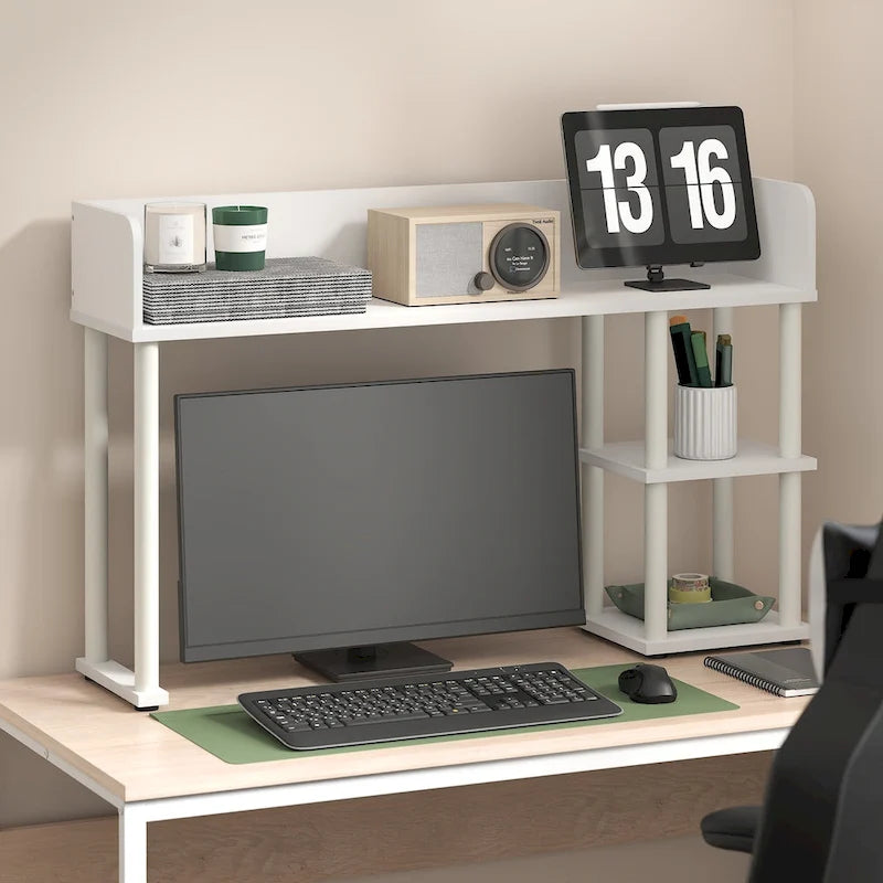 Classic Desktop Bookshelf Storage Hutch, Desk Organizer with 3 Shelves, White/White