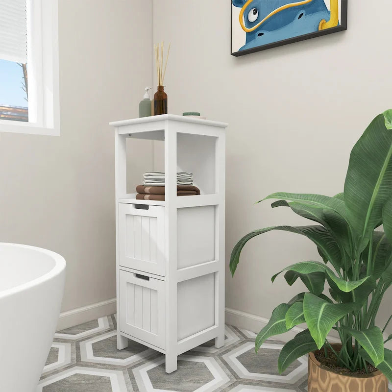 White Bathroom Floor Storage Cabinet, Two Deep Drawers and Open Shelf