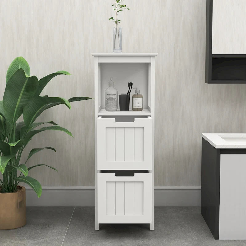 White Bathroom Floor Storage Cabinet, Two Deep Drawers and Open Shelf