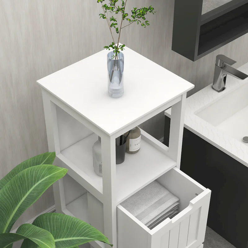 White Bathroom Floor Storage Cabinet, Two Deep Drawers and Open Shelf