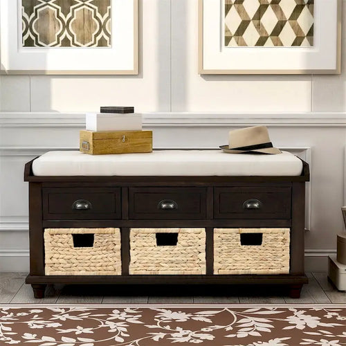 Harper & Bright Designs 3-Drawer Storage Bench with 3 Rattan Baskets