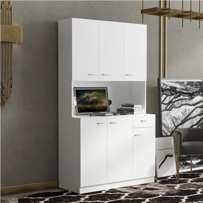 Credenza dispensa da cucina alta 71 bianca con 6 ante, 1 ripiano aperto e 1 cassetto - 39.37W x 15.35 D x70.87H