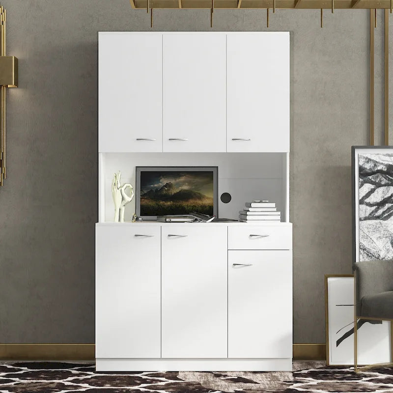Credenza dispensa da cucina alta 71 bianca con 6 ante, 1 ripiano aperto e 1 cassetto - 39.37W x 15.35 D x70.87H