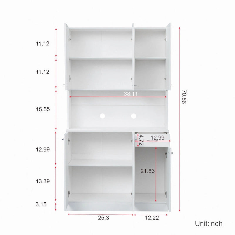 Credenza dispensa da cucina alta 71 bianca con 6 ante, 1 ripiano aperto e 1 cassetto - 39.37W x 15.35 D x70.87H