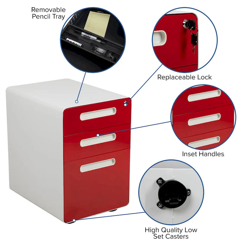 Classeur de rangement ergonomique mobile verrouillable à 3 tiroirs