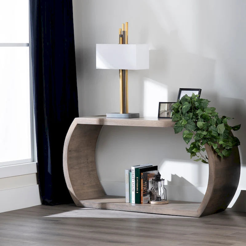 Table console en bois gris foncé, étagère inférieure ouverte