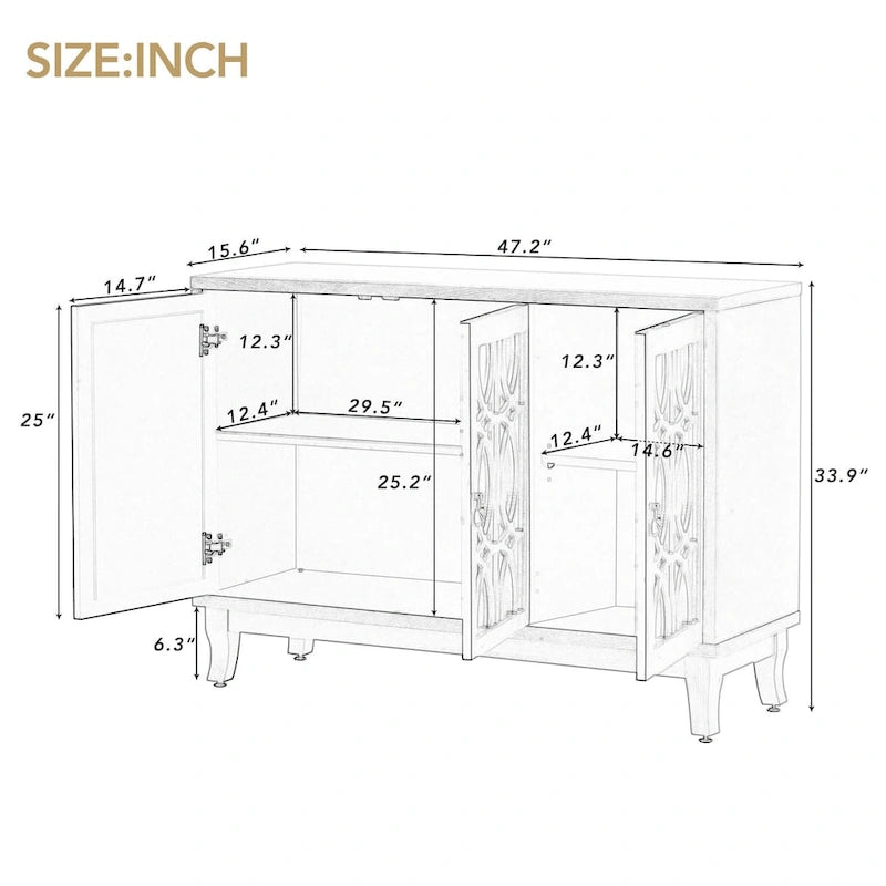 Buffetschrank mit 3 Türen und silberfarbenen Elementen