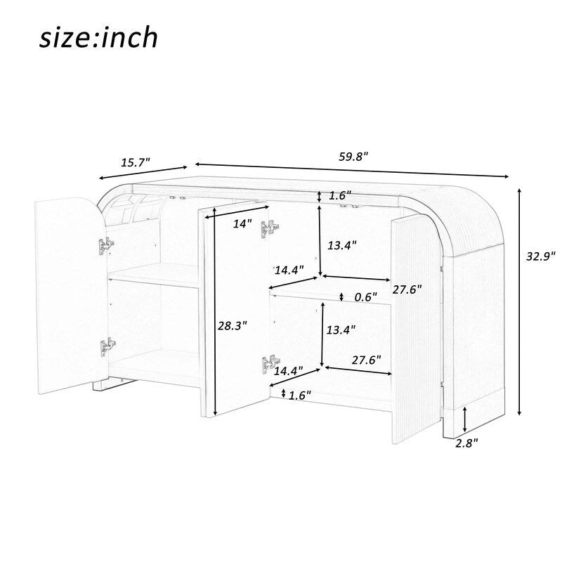 Meuble de rangement à quatre portes, panneaux à motif ondulé et angles arrondis