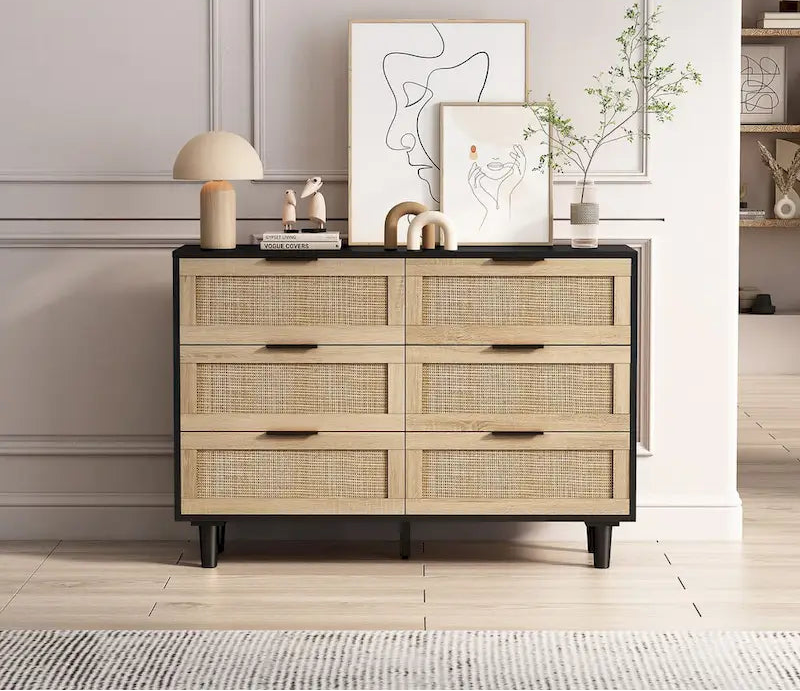 43.316-Drawers Rattan Storage Cabinet Rattan Drawer,for Bedroom,Living Room,Black