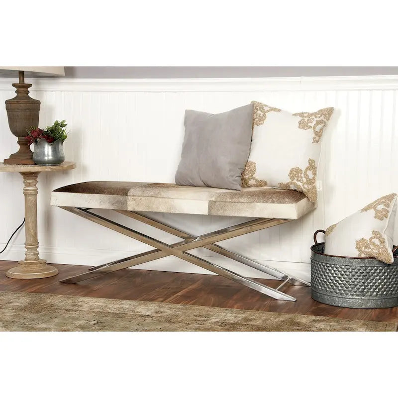 Leather Bench or Stool with Silver X- Metal - Beige or Gray