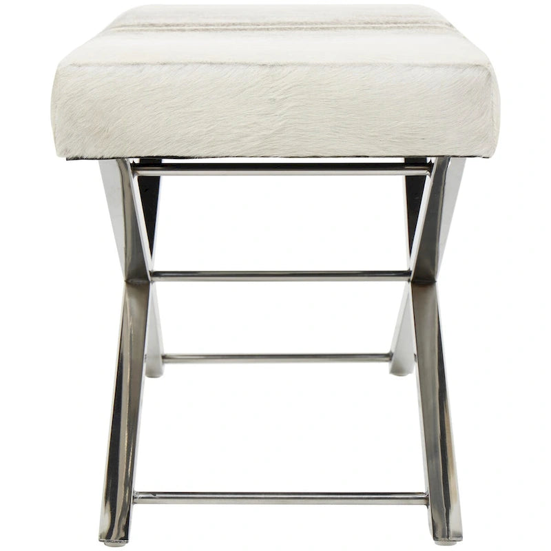Panca o sgabello in pelle con base in metallo argentato a X - beige o grigio