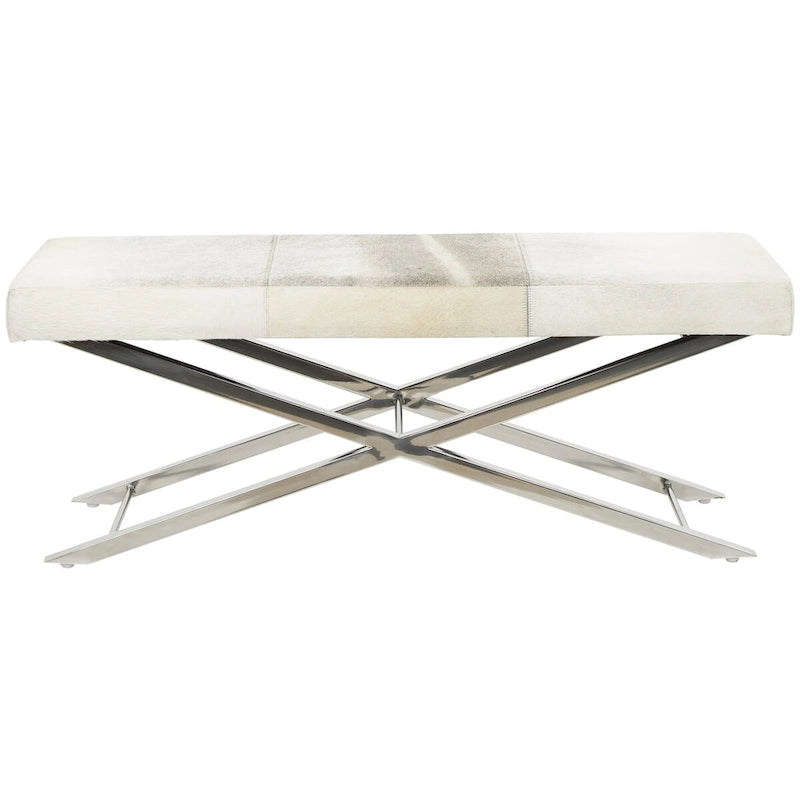 Leather Bench or Stool with Silver X- Metal - Beige or Gray