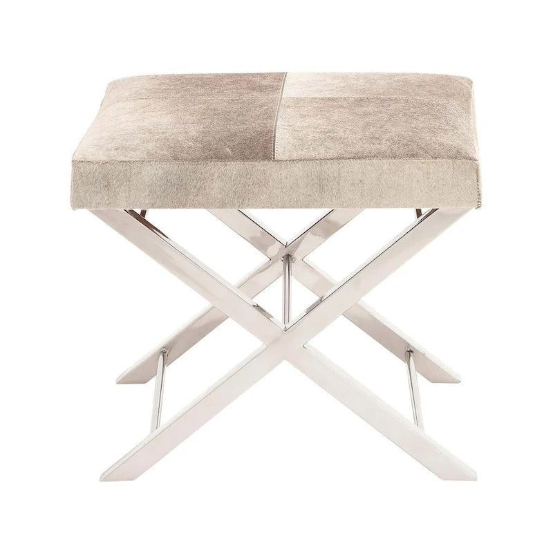 Leather Bench or Stool with Silver X- Metal - Beige or Gray