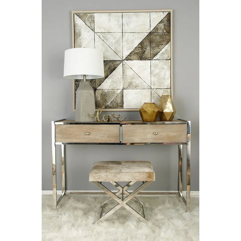 Leather Bench or Stool with Silver X- Metal - Beige or Gray