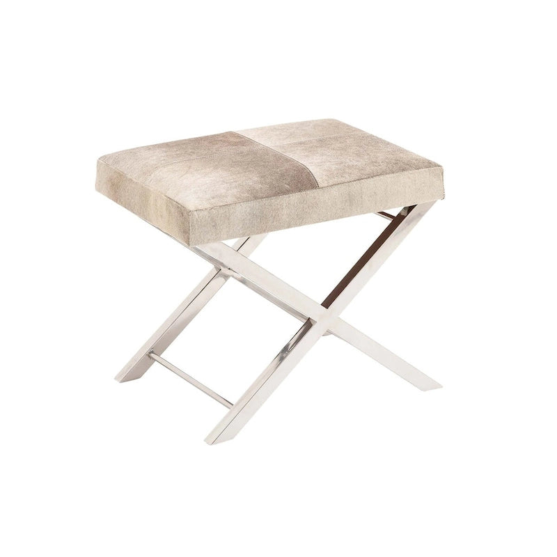 Leather Bench or Stool with Silver X- Metal - Beige or Gray