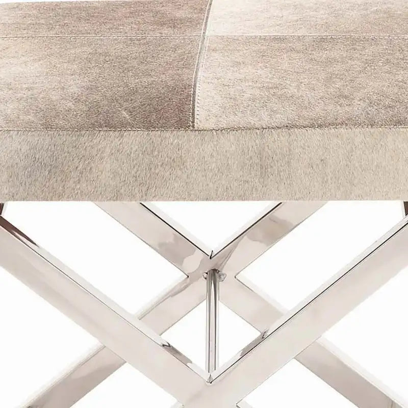 Leather Bench or Stool with Silver X- Metal - Beige or Gray