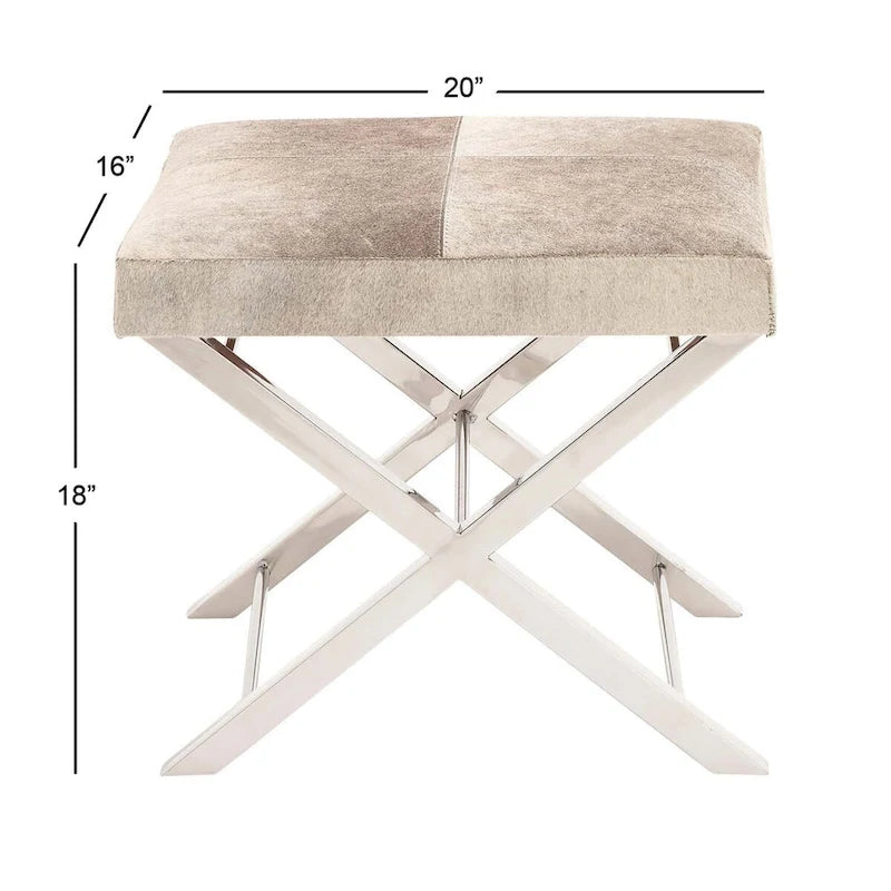 Leather Bench or Stool with Silver X- Metal - Beige or Gray