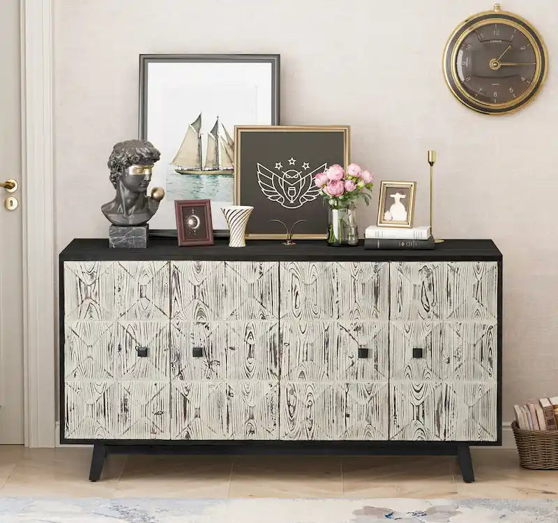 Buffet vintage à quatre portes, panneaux décoratifs et étagères réglables