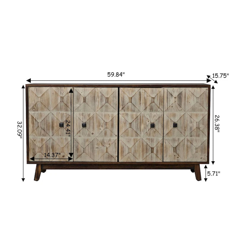 Vintage-Buffetschrank mit vier Türen, Reliefpaneelen und verstellbaren Einlegeböden