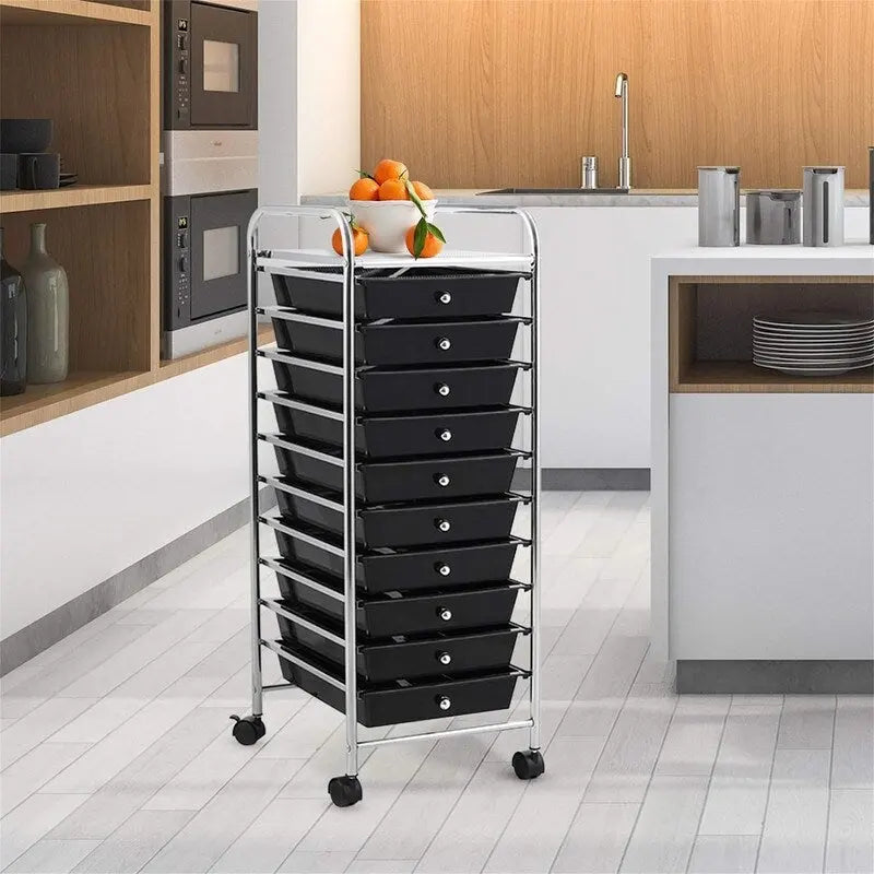 Ten-Drawer Rolling Organizer Cart, Chrome Steel Frame and Locking Casters