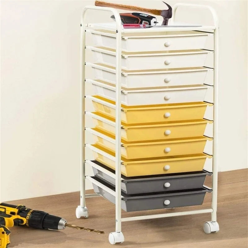 Ten-Drawer Rolling Organizer Cart, Chrome Steel Frame and Locking Casters