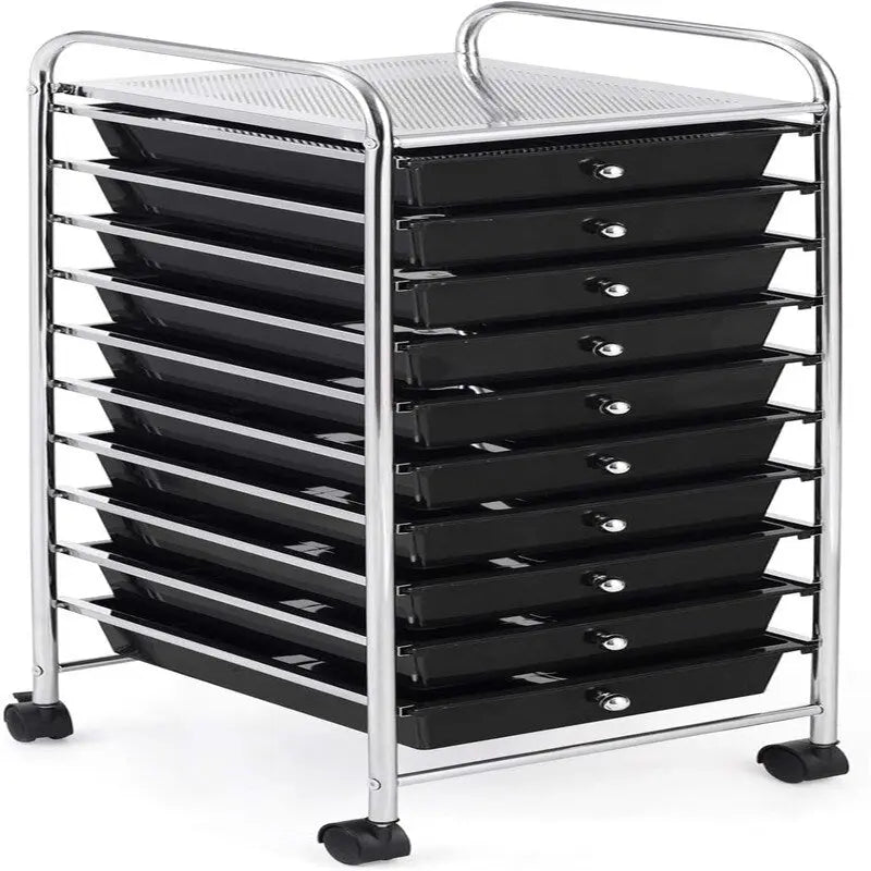 Ten-Drawer Rolling Organizer Cart, Chrome Steel Frame and Locking Casters
