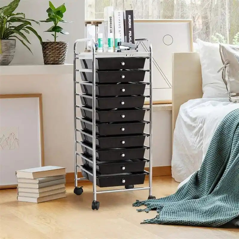 Ten-Drawer Rolling Organizer Cart, Chrome Steel Frame and Locking Casters