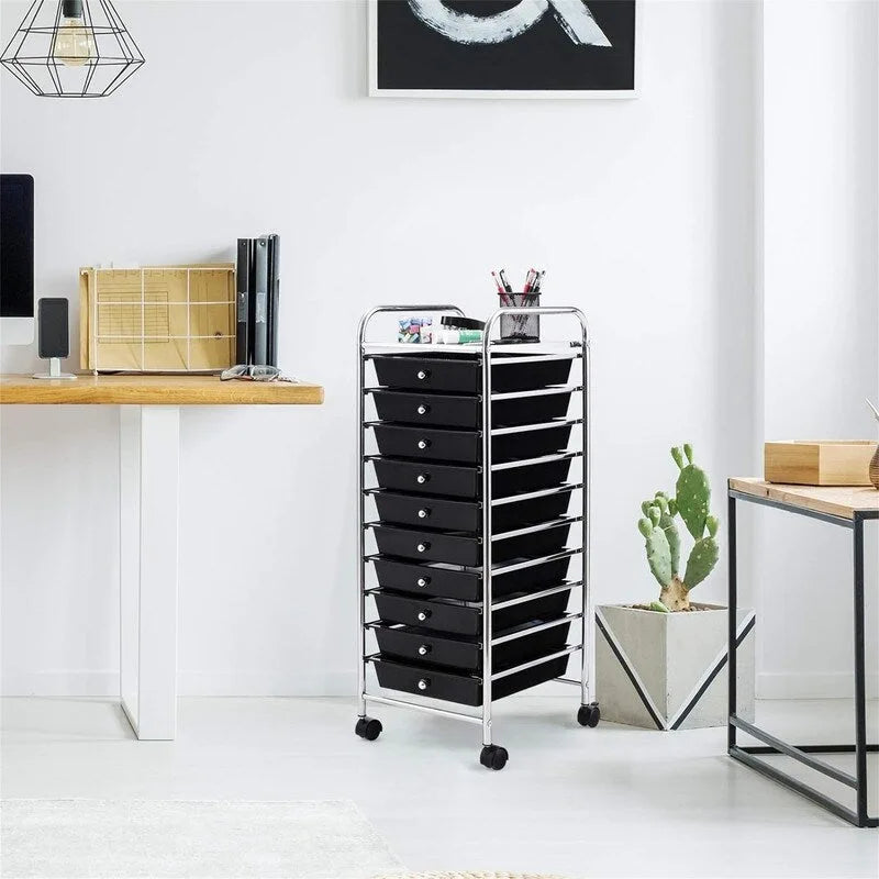 Ten-Drawer Rolling Organizer Cart, Chrome Steel Frame and Locking Casters