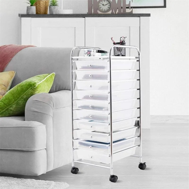 Ten-Drawer Rolling Organizer Cart, Chrome Steel Frame and Locking Casters