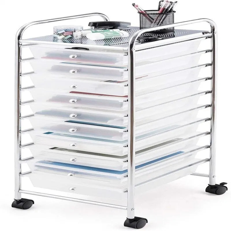 Ten-Drawer Rolling Organizer Cart, Chrome Steel Frame and Locking Casters