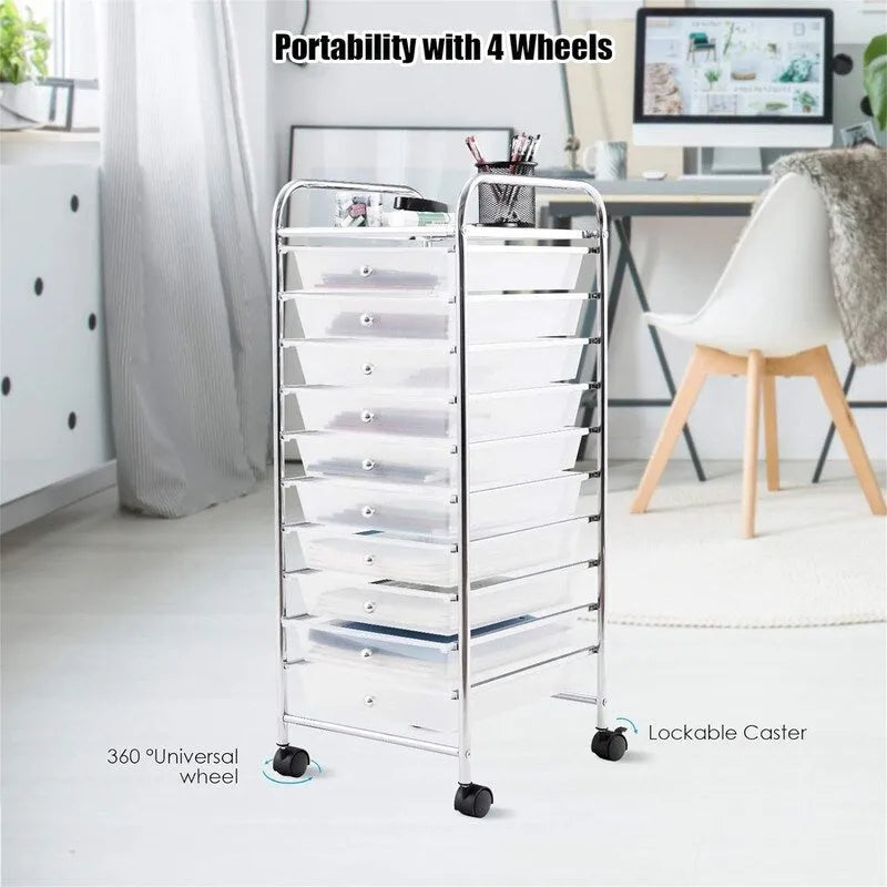 Ten-Drawer Rolling Organizer Cart, Chrome Steel Frame and Locking Casters