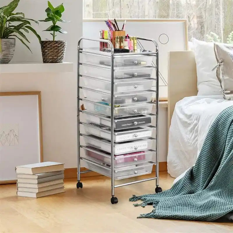 Ten-Drawer Rolling Organizer Cart, Chrome Steel Frame and Locking Casters