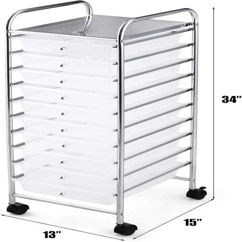 Ten-Drawer Rolling Organizer Cart, Chrome Steel Frame and Locking Casters