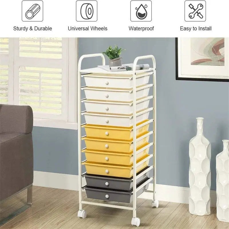 Ten-Drawer Rolling Organizer Cart, Chrome Steel Frame and Locking Casters