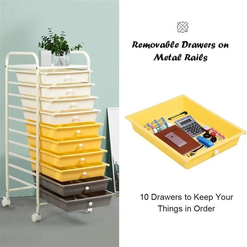 Ten-Drawer Rolling Organizer Cart, Chrome Steel Frame and Locking Casters