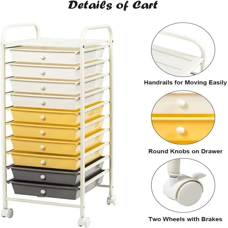 Ten-Drawer Rolling Organizer Cart, Chrome Steel Frame and Locking Casters