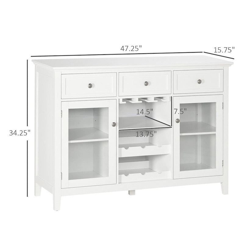 Buffet blanc, portes en verre, étagères réglables et rangement pour verres à pied