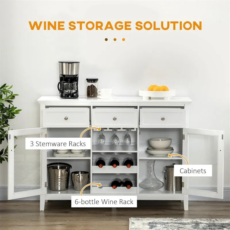 White Sideboard Buffet Cabinet, Glass Doors, Adjustable Shelves and Stemware Storage