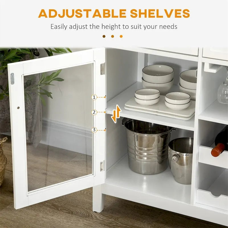 White Sideboard Buffet Cabinet, Glass Doors, Adjustable Shelves and Stemware Storage