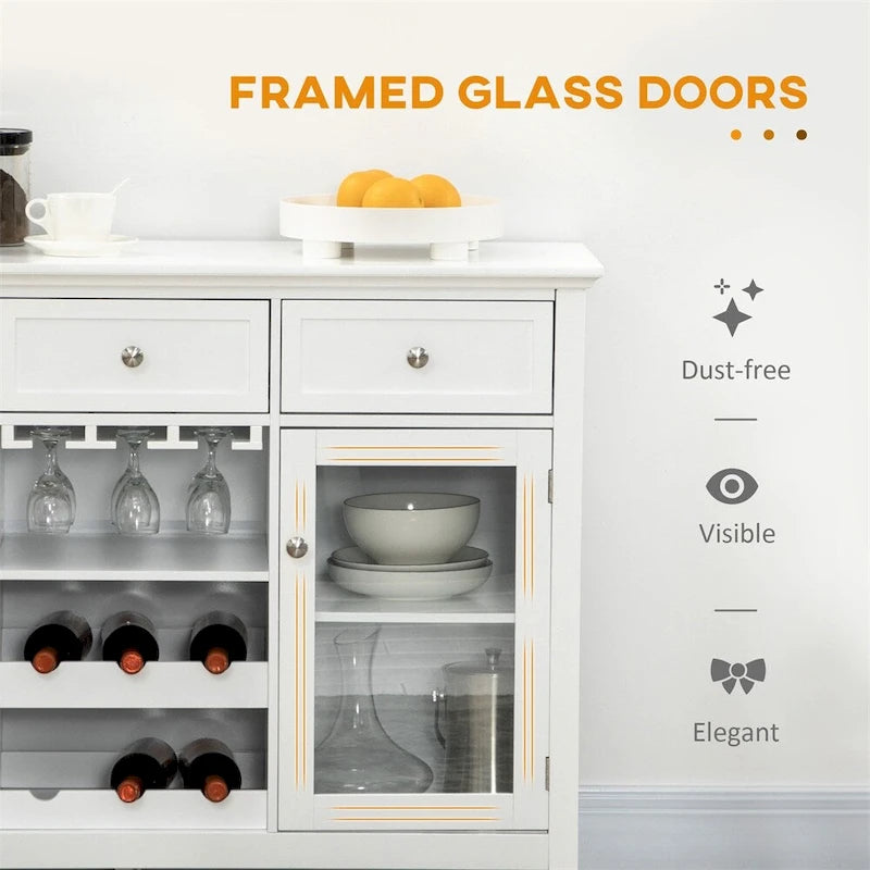 White Sideboard Buffet Cabinet, Glass Doors, Adjustable Shelves and Stemware Storage