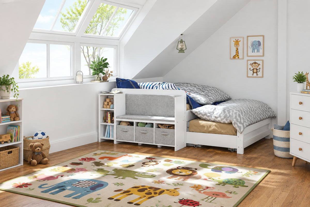 Libreria per bambini con angolo lettura, panca-libreria e organizer contenitore con seduta e schienale