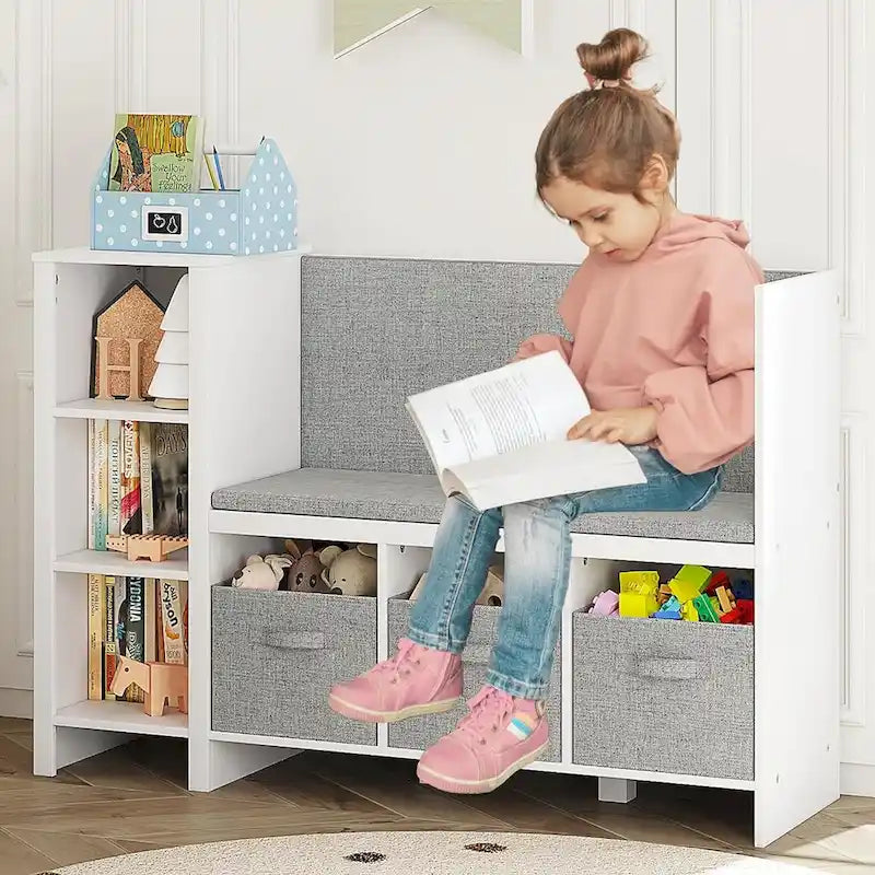 Libreria per bambini con angolo lettura, panca-libreria e organizer contenitore con seduta e schienale