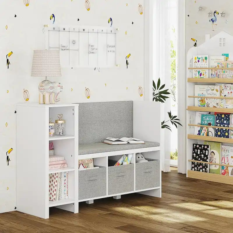 Kinderbücherregal mit Leseecke, Bücherregalbank und Aufbewahrungsorganizer mit Sitzfläche und Rückenlehne